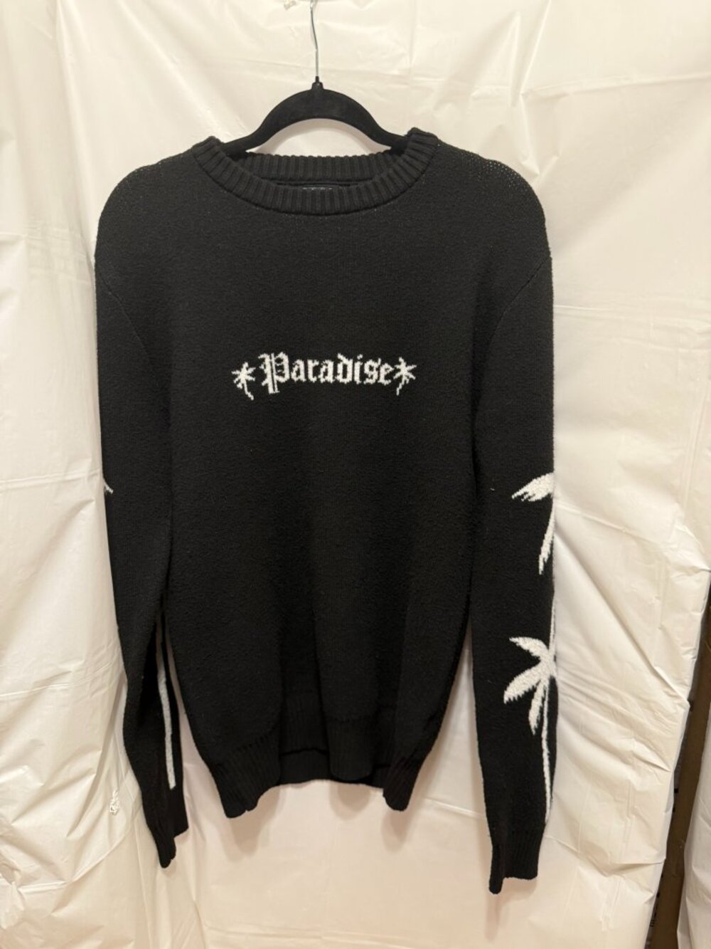 RGSTR Paradise Gothic Script Palm Tree Black Knit Crewneck Sweater Small